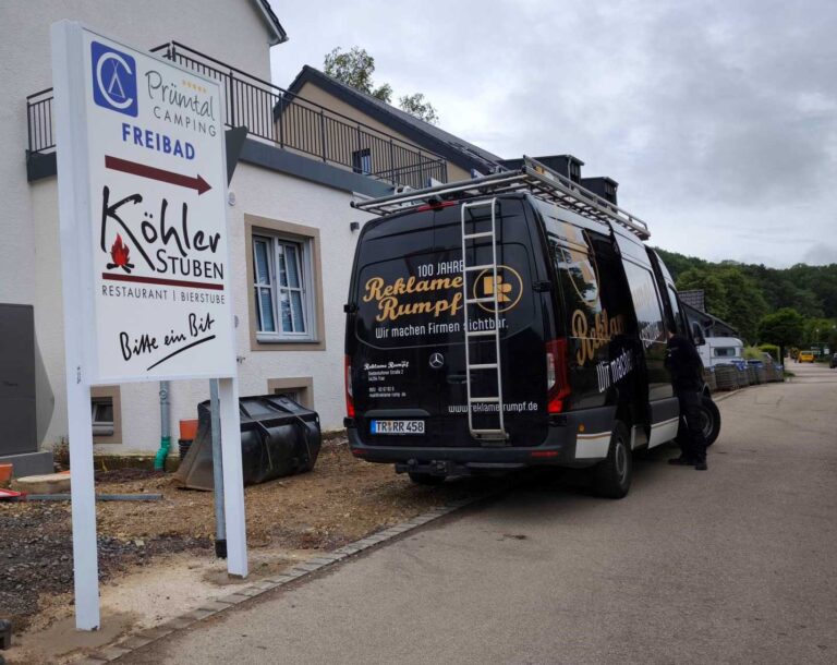 Sammel-Leuchtschild-Anlage für Prümtal Camping, Freibad, Köhler-Stuben, Bitte ein BIT