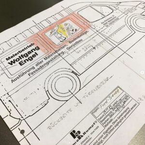 Planungsvorlage von 1989 zur Beschriftung eines Transit für den Malerbetrieb Engels